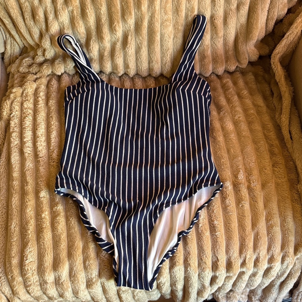 H&M Navy Blue and White Striped One Piece Swimsuit